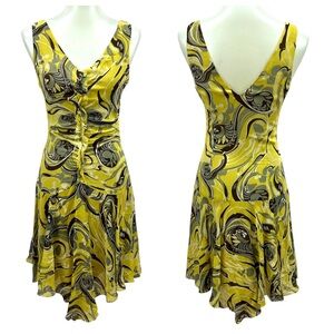 Vintage BCBG Maxazria Y2K Chartreuse Psychedelic Paisley Silk Art Deco Dress